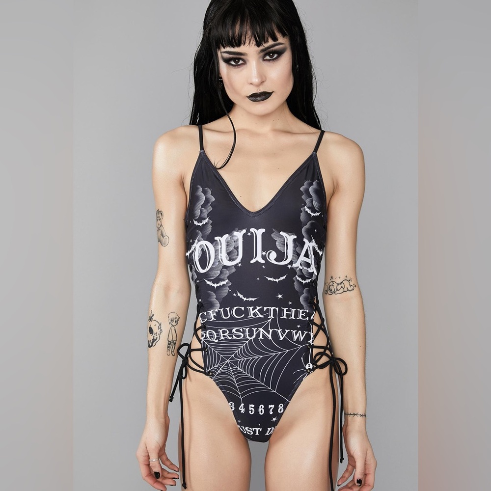 Dolls Kill Widow Black Ouija Board Lace-Up Corset Sides Swimsuit - S